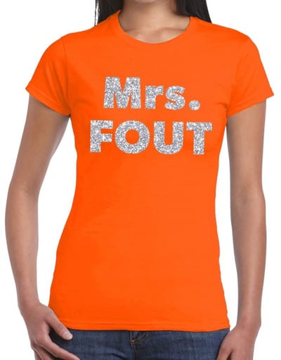 Mrs. Fout zilver glitter tekst - t-shirt - oranje - voor dames - foute party kleding - Carnaval verkleedkleding XS