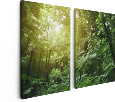 Artaza Canvas Schilderij Tweeluik Tropische Jungle Met Zonneschijn - 80x60 cm - Wanddecoratie Woonkamer - Schilderijen - Muurdecoratie