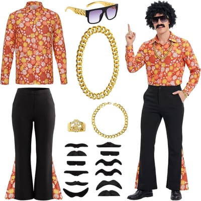 Hippie Kostuum Set voor Mannen - 18-delig 70s Disco Outfit voor Raveparty en Carnaval met Shirt en Accessoires