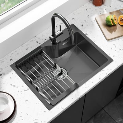 Anycee MAX Spoelbak Keuken 60x45CM - Spoelbakken met Afdruiprek - Enkele spoelbak - Incl. Sifon en Afvoerzeefje - Antraciet