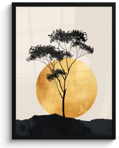 Poster in lijst - Fotolijst 60x80 cm - Posters - Zwarte boom - Gouden cirkel - Heuvel - Posterlijst zwart - Decoratie - Wanddecoratie woonkamer - Muurdecoratie slaapkamer