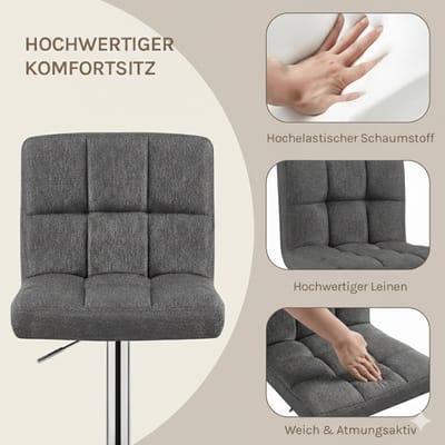 Design Barkrukken Set van 2 – House&Garden Veice Luxe Linnen Barkrukken, In Hoogte Verstelbaar en Draaibaar, Met Rugleuning en Voetensteun, Robuust Metalen Frame, Comfortabele PU Zitting – Donkergrijs – Moderne Keuken, Bar & Bistro Stoelen