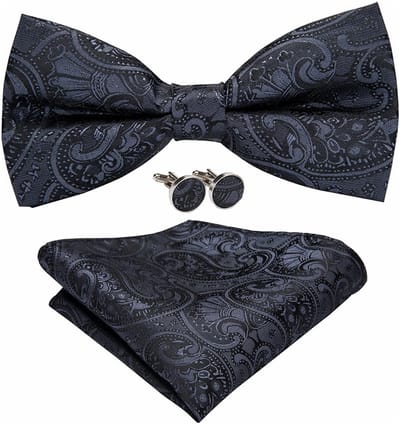 Fako Fashion - Vlinderstrik, Pochette & Manchetknopen - Vlinderdas - Strikje - Pochet - Paisley Antraciet Zwart