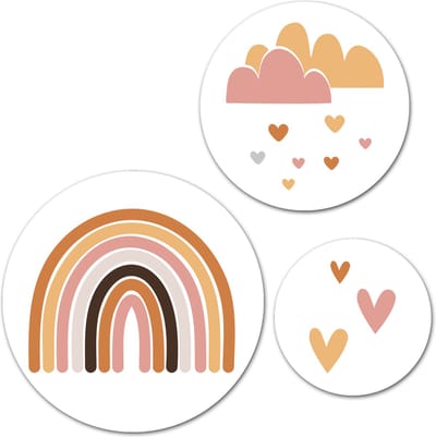 Forex Muurcirkel Set -  Set Regenboog en Hartjes Kinderkamer / Babykamer Jongens en Meisjes - Set van 3 Wandcirkels met Ophangsystemen - 30x40x50