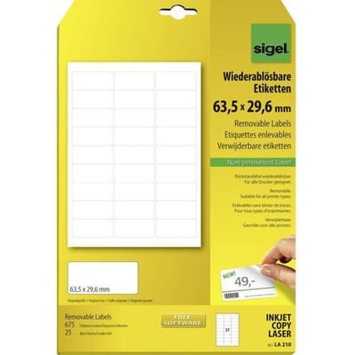 Sigel LA210 63.5 x 29.6 mm Papier Wit 675 stuk(s) Weer verwijderbaar Universele etiketten 25 vel DIN A4