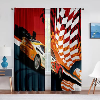Vuur Racewagen Bedrukte Gordijn Racewagen Snelheid Extreme Sport Raamgordijnen voor Woonkamer Slaapkamer Tieners Mannenkamer Decor Accent 2 Stuks (W50H130cm)-2pcs&Grommet Top