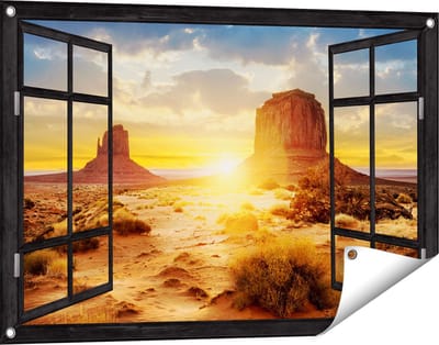 Gards Tuinposter Doorkijk Zonsondergang in Woestijn Monument Valley - 90x60 cm - Tuindoek - Tuindecoratie - Wanddecoratie buiten - Tuinschilderij
