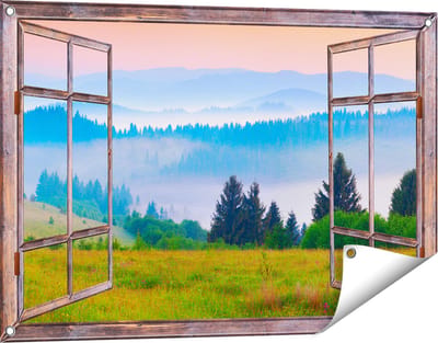 Gards Tuinposter Doorkijk Mistige Heuvel Landschap met Bossen - 90x60 cm - Tuindoek - Tuindecoratie - Wanddecoratie buiten - Tuinschilderij