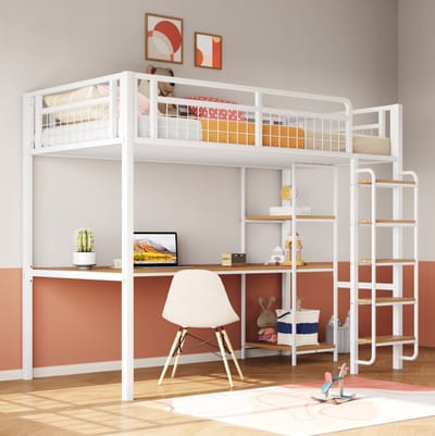 MEUNIQ Hoogslaper 90x200 cm met bureau, opbergrekken, ladder en uitvalbeveiliging voor kinderkamer, metaal, wit