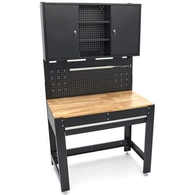 115 Cm. Werkbank Met Houten Werkblad, Achterwand Met Kastenwand, Led Verlichting , Stekkerdoos