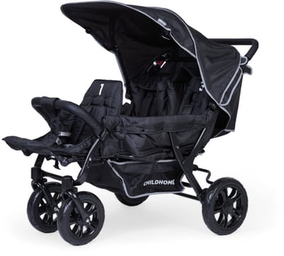 Childhome Triplet Kinderwagen – 3 Zitplaatsen – Zwart – Inclusief Regenhoes & Zonnekappen – 132x85x104 cm