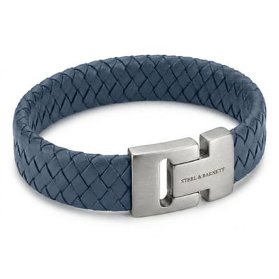 STEEL & BARNETT ® - Leren armband - heren - Brede gevlochten blauwe leren herenarmband - herenarmband - 18.5 CM