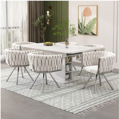 Lot de 6 chaises de salle à manger en velours beige clair pivotantes 360° - dossier ergonomique, pieds argent