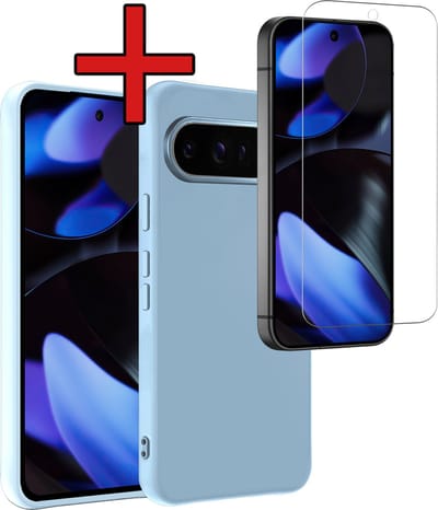 Hoesje - Met Screenprotector - Geschikt voor Google Pixel 9 Pro - Sterk & Shockproof - Telefoon Hoes - Back Cover - Siliconen Case - Telefoonhoes - Lichtblauw