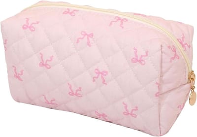 Gewatteerde Katoenen Make-uptas met Roze Strik, Esthetische Organizer voor Cosmetica en Reisaccessoires