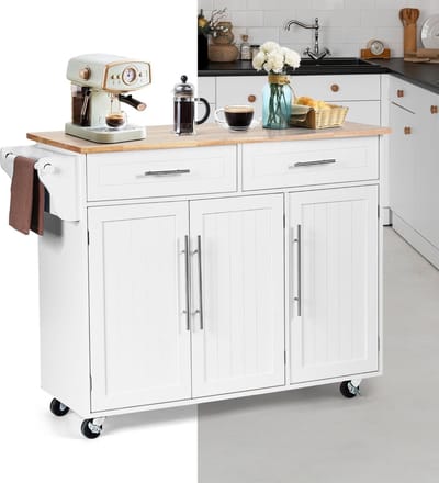 Keukeneiland - Verplaatsbaar - Keukenkast - Dressoir - Organizer - Kasten - Houten Werkblad - Lade - Wit