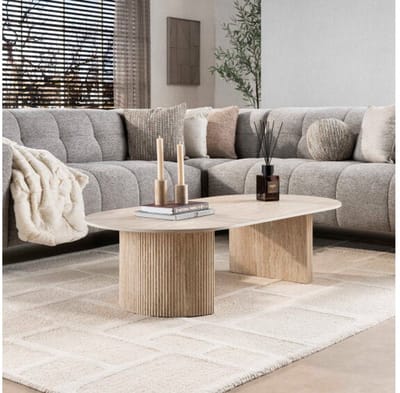 Salontafel Romano Arch ovaal - 3D Travertin keramiek - 135x70x42 cm - Beige - Japandi