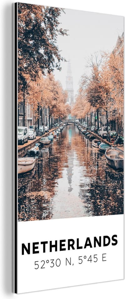 Wanddecoratie Metaal - Aluminium Schilderij Industrieel - Nederland - Amsterdam - Gracht - Herfst - 80x160 cm - Dibond - Foto op aluminium - Industriële muurdecoratie - Voor de woonkamer/slaapkamer
