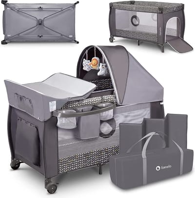 Sven Plus 2in1 Kinder Reisbed met commode voor kinderen van 0 tot 15kg, Babybox 125x65x75cm, Schommelfunctie, Klamboe, Veiligheidsslot LockGuard, Praktische organizer, Hoogteverstelling