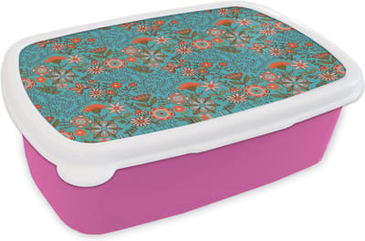 Broodtrommel Roze - Lunchbox - Brooddoos - Bohemian - Bloemen - Oranje - Retro - Design - 18x12x6 cm - Kinderen - Meisje