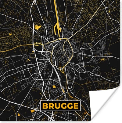 Poster Brugge - Goud - Stadskaart - Kaart - Plattegrond - 100x100 cm XXL