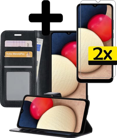 Hoesje - Met 2x Screenprotector - Geschikt voor Samsung Galaxy A02s - Luxe Pasjeshouder - Bookcase Portemonee - Flip Case - Kunstleer Book Case - Flipcase Hoes - Book Cover - Walletcase - Portemonneehoes - Telefoonhoesjes - Zwart