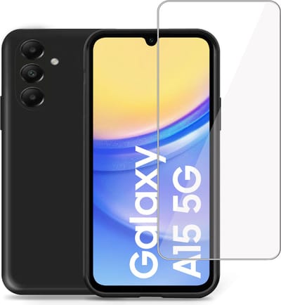 Hoesje + Screenprotector geschikt voor Samsung Galaxy A05s – Tempered Glass - Liquid Back Case Cover Zwart