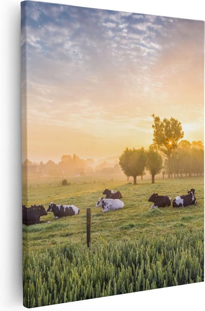 Artaza Canvas Schilderij Landschap - 40x50 cm - Wanddecoratie Koeien - Muurdecoratie Zonsondergang - Kamer Accessoires Natuur
