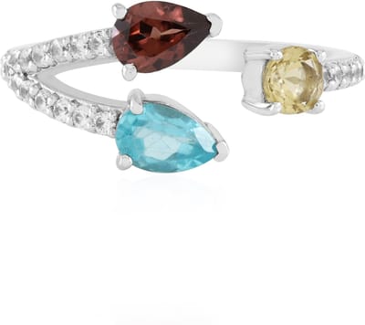 Cavill - Zilveren ring - 925 Sterling Zilver Geplatineerd - Blauwe Apatiet 0,35 ct Peervorm - Roze Zirkoon & Gele Beril - Open Design Edelstenen Ring
