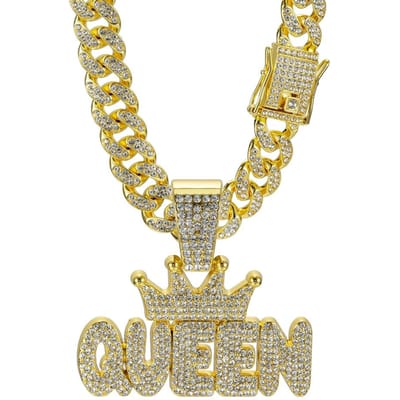 Collier avec pendentif Couronne Hip Hop pour homme et Lettre Reine pour femme Chaîne Cubaine en Cristal Colliers Bling Iced Out Bijoux Rock Biker beige