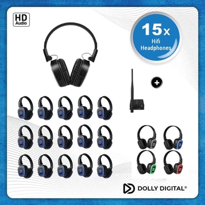 Silent Disco Pro Box 15| 15 HiFi Headsets FD-Pro, oplaadbare zender T70, Storage Box | DOLLY DIGITAL©