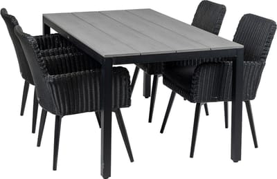 5-delige tuinset | 4 Pisa stoelen (Black) | 160cm Cyprus tuintafel (Grey)