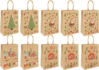 Kerstcadeauzakken met Handvat voor Cadeauverpakking, Feestbenodigdheden, Set van 10 Stuks, 21 x 15 x 8 cm, Perfect voor Kerst en Verjaardagen