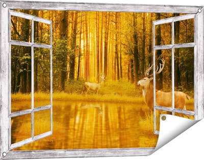 Gards Tuinposter Doorkijk Twee Herten in het Bos bij het Water - 90x60 cm - Tuindoek - Tuindecoratie - Wanddecoratie buiten - Tuinschilderij