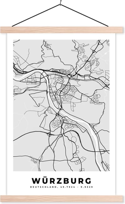 Posterhanger incl. Poster 40x60 cm - Schoolplaat - Duitsland - Stadskaart - Plattegrond - Würzburg - Kaart - Textielposter - Blanke latten - Stadskaart