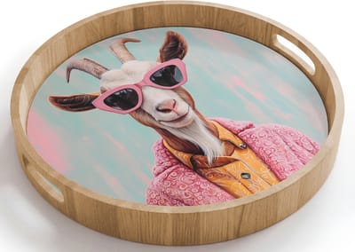 Dienblad rond 40x40 cm - Schootdienblad hout - Zonnebril - Roze - Geit - Horen - Borrelplank rechthoek - Plateau houten dienbladen