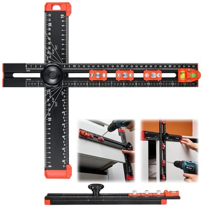 MTTproducts- Positioneringsliniaal 4-in-1 - Aluminium - Verstelbare Lengte/Hoek - Dubbele Waterpas - Precisie Houtbewerking - Schokbestendig - Boorliniaal