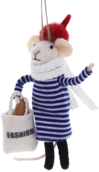 Muis blauw witte jurk met boodschappentas 9x7x14cm