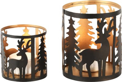 Dekoratief | Set 2 theelichthouders 'Gazing Deer', zwart/goud, metaal, 8x8x10cm | A248128