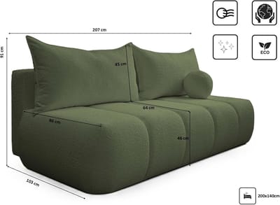 loungset met bedfunctie en opbergruimte – Arqam Luxe PIANO 3-zits Bouclé Loungebank zonder armleuningen, Uitklapbare slaapbank met bedlade en sierkussen – Modern design woonkamer bank (Olijf Groen)
