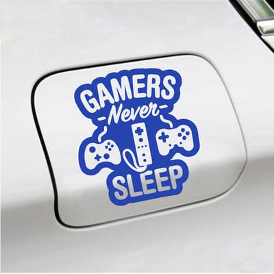 Bumpersticker - Gamers Never Sleep - 12,4 X 11,4 - Blauw