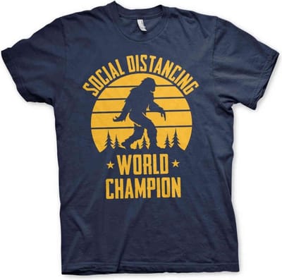 Heren Fun Tshirt -S- Social Distancing World Champion Blauw