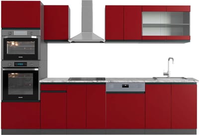 Vicco R-Line Complete keukeneenheid – 300 cm met hoge kast, WB Marmer Rood/antraciet