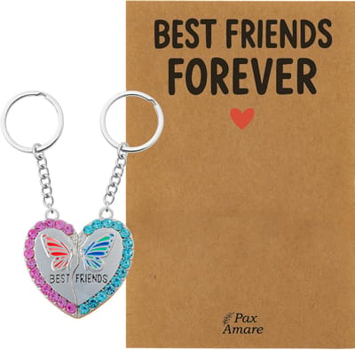 BFF Sleutelhanger voor 2 'Best Friends Forever' - Magnetisch Hartje met Vlinder - Sleutelhanger set op Cadeau Kaartje - Zilverkleurig - Vriendschap Symbool - Pax Amare