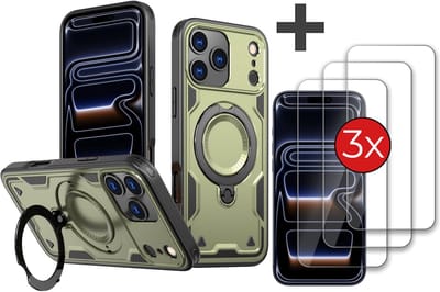 Hoesje Geschikt voor iPhone 17 Pro met 3 Stuks gehard glas Screenprotector - Armor hoes met Ringhouder - Arara backcover - Groen