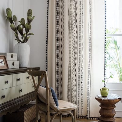 Gordijnen Boho Vintage met kwastjes, halfondoorzichtig, met oogjes, katoenen linnen, decoratief gordijn voor woonkamer, slaapkamer, motief A, 150 x 220 cm, 1 stuk