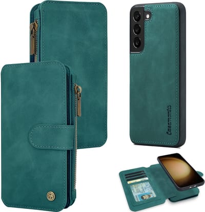 Casemania Hoesje Geschikt voor Samsung Galaxy S25 - Emerald Green - 2 in 1 Magnetic Book Case met Rits