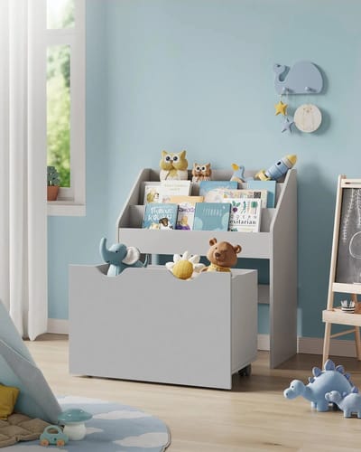 uJOY Kinderboekenkast - 3 open boekenvakken - Ruime opbergbak op wielen - Kindvriendelijke hoogte - Ideaal voor kinderkamer