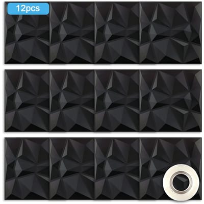 Panneaux muraux décoratifs en PVC 3D, 12 pièces, texture diamant, 12x12 pouces, avec 1 rouleau Double face noir