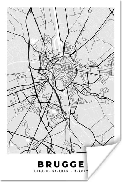 Poster Stadskaart – Zwart Wit - Kaart – Brugge – België – Plattegrond - 120x180 cm XXL